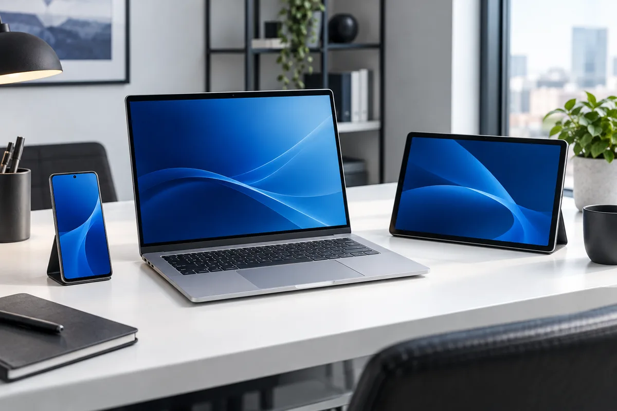 Laptop, phone and tablet on a clean work surface
