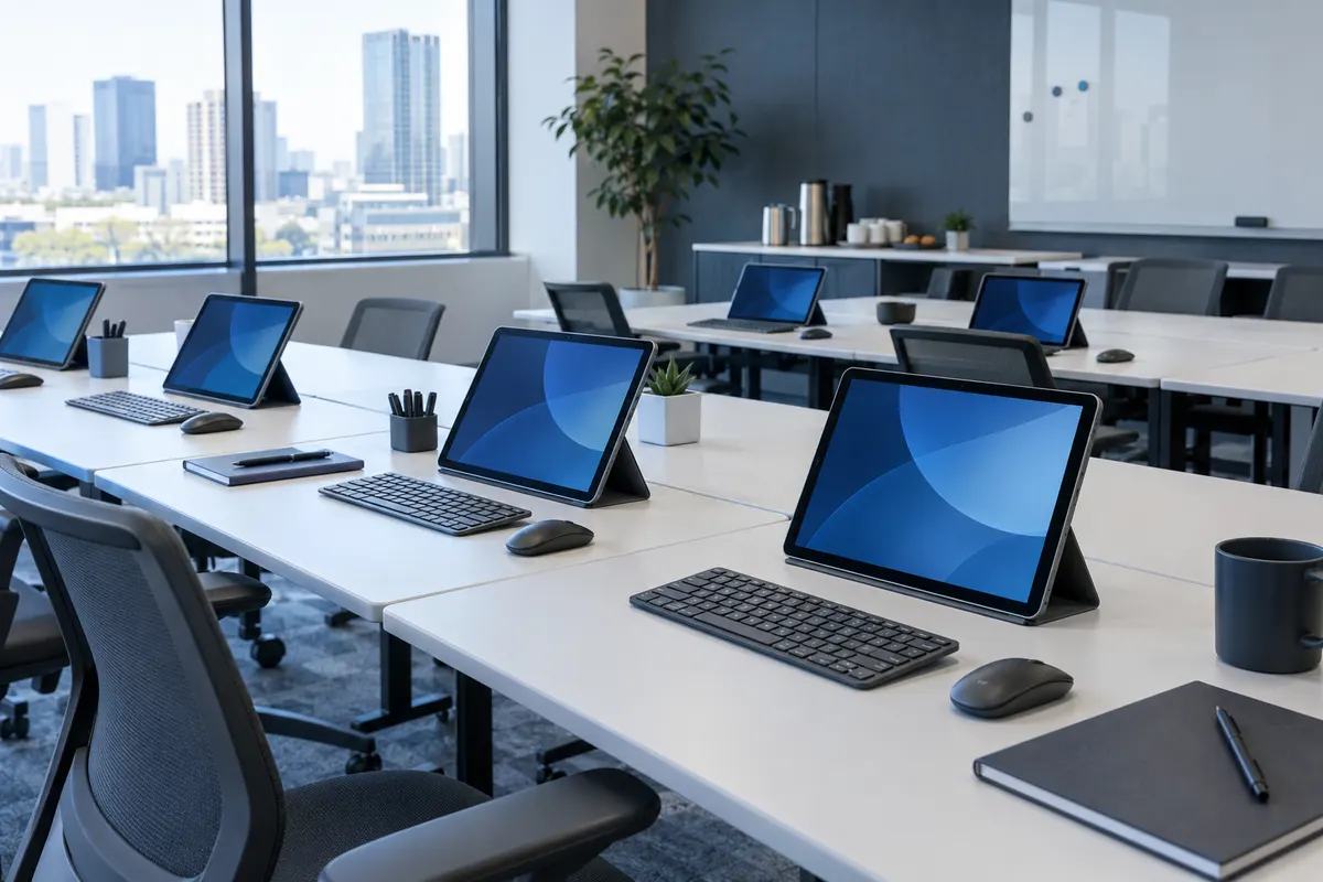 Temporary desks with tablets and keyboards